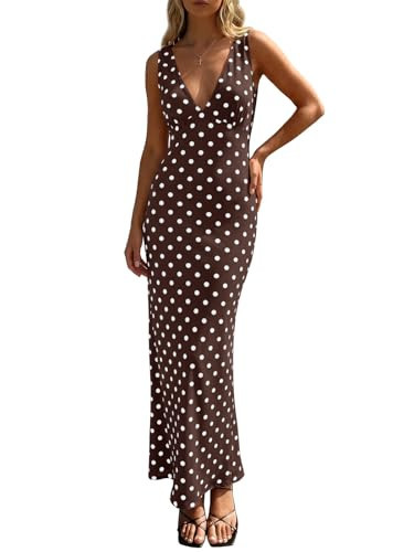 Wenrine Womens Summer Polka Dot Maxi Dress Mesh Wedding Guest Bodycon Sexy V Neck Sleeveless Party Dresses | Amazon (US)