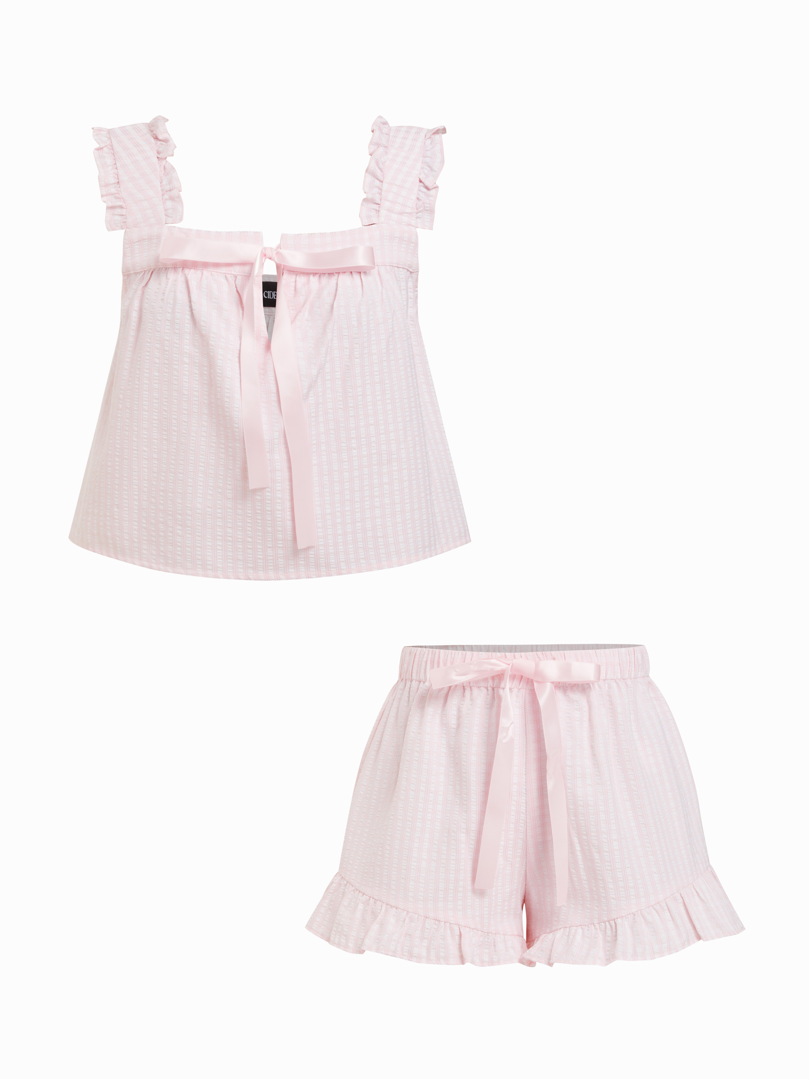 Woven Textured Ruffle Sleeve Stripe Bowknot Top & Mid Rise Micro Shorts Set For Daily Casual Home | Cider