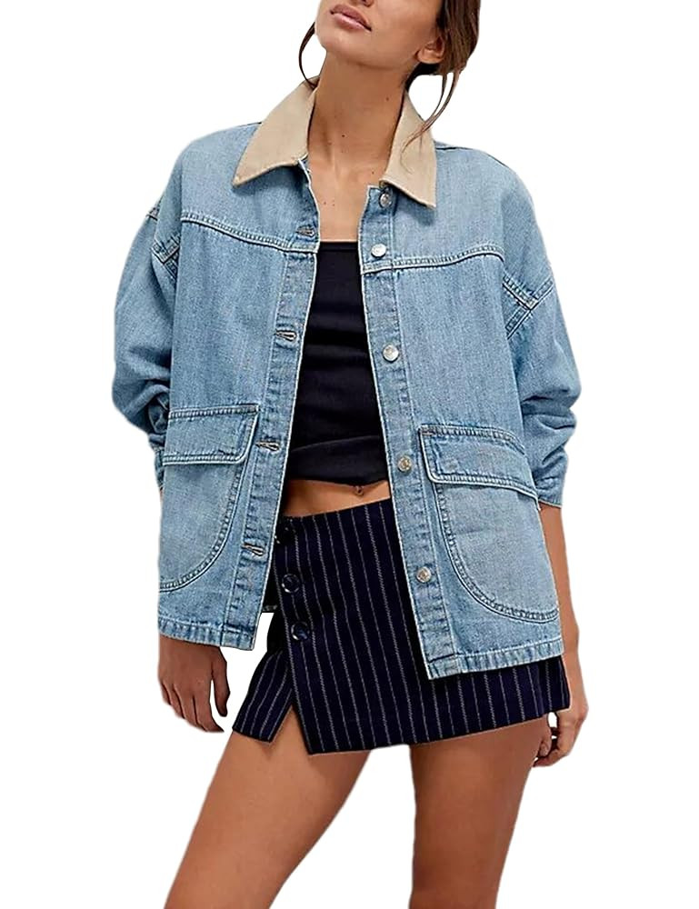 Lumister Women's Oversized Denim Jacket with Contrast Trim Long Sleeve Button Down Jean Coat with... | Amazon (US)
