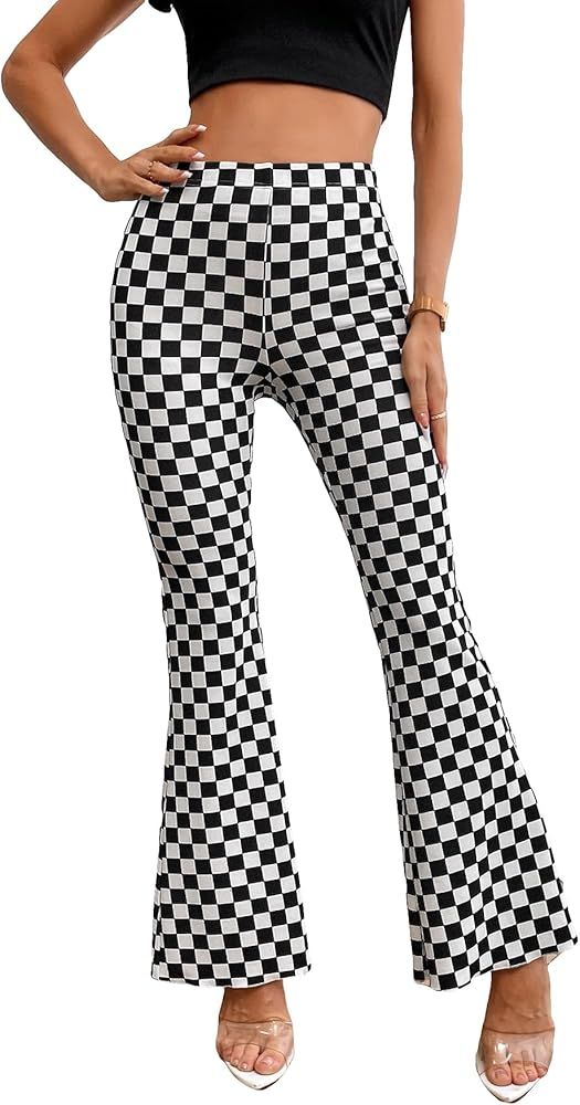 SweatyRocks Women's Casual Checkered High Elastic Waist Flare Pants Plaid Bell Bottom Long Trouse... | Amazon (US)