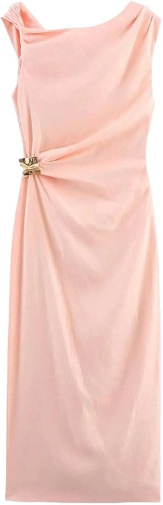 Women Summer Casual Slim Inlaid Asymmetric Slit Pleated Long Suspender Midi Dress | Amazon (US)