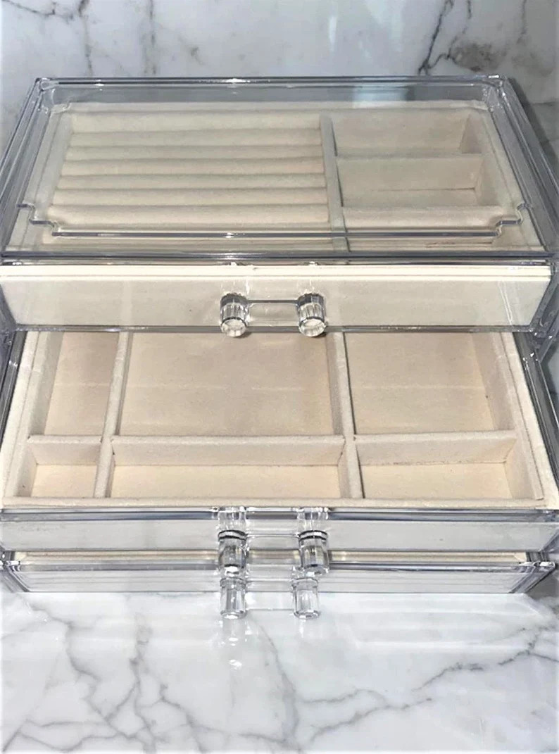 Jewelry Box Organizer, Clear 3 Drawer Beige Velvet Jewelry Storage for Earrings Rings Necklaces B... | Etsy (US)