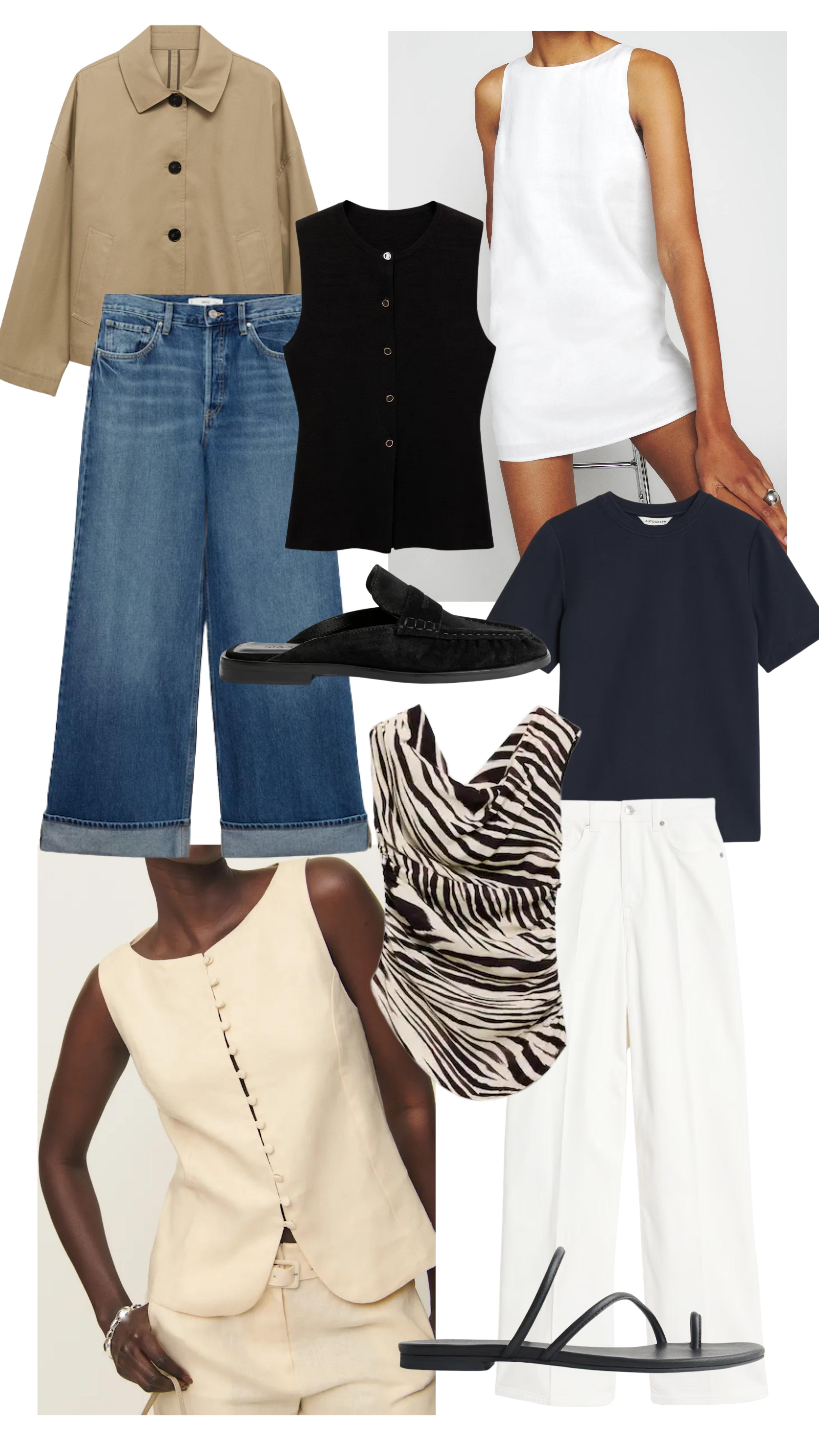 Come shopping with me to find new in spring pieces you’ll love in your wardrobe this season. 
1. Light jackets
2. Waistcoats
3. Good quality T-shirts
4. A pop of print 
5. A summer dress
6. White / cream jeans
7. Wide jeans
8. Black sandals
9. Suede loafers 

 #LTKspring #LTKstyletip