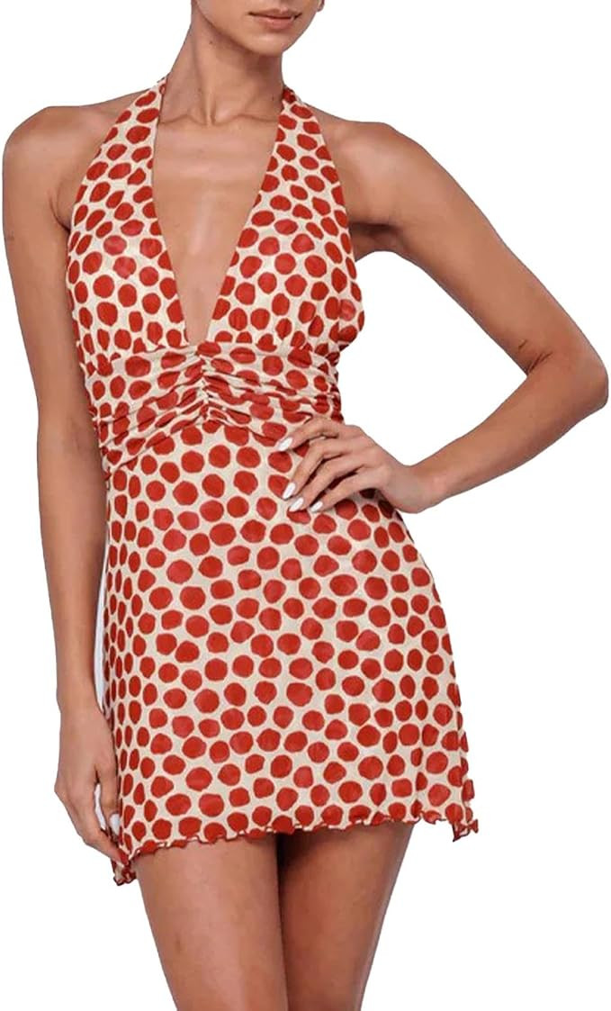 ABYOVRT Women Polka Dot Mini Dress Halter Deep V Neck Backless Dresses Going Out Beach Vacation | Amazon (US)