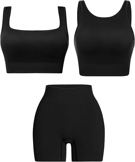 FITTIN 3 Piece Workout Outfits for Women - Seamless Ribbed Square Neck & High Neck Sports Bra Top... | Amazon (US)