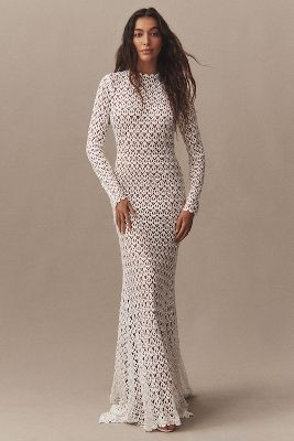 Daughters of Simone Hollis Long-Sleeve High-Neck Open-Back Lace Wedding Gown | Anthropologie (US)