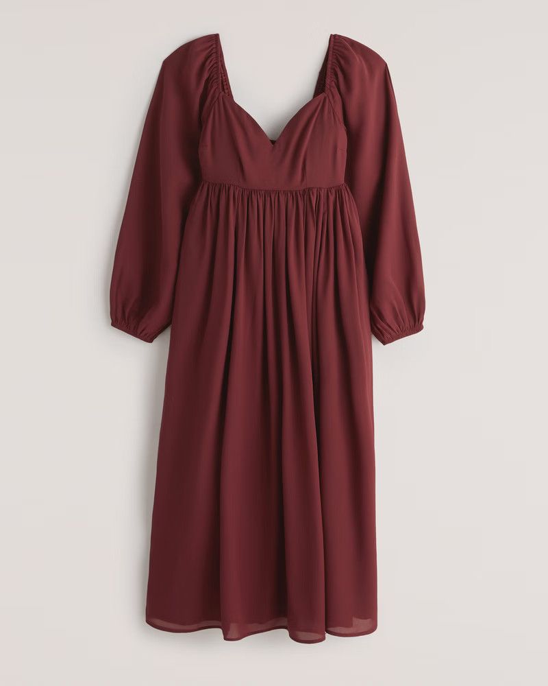 Women's Long-Sleeve Babydoll Midi Dress Burgundy Dress Dresses Spring Dress Spring Outfits  | Abercrombie & Fitch (US)