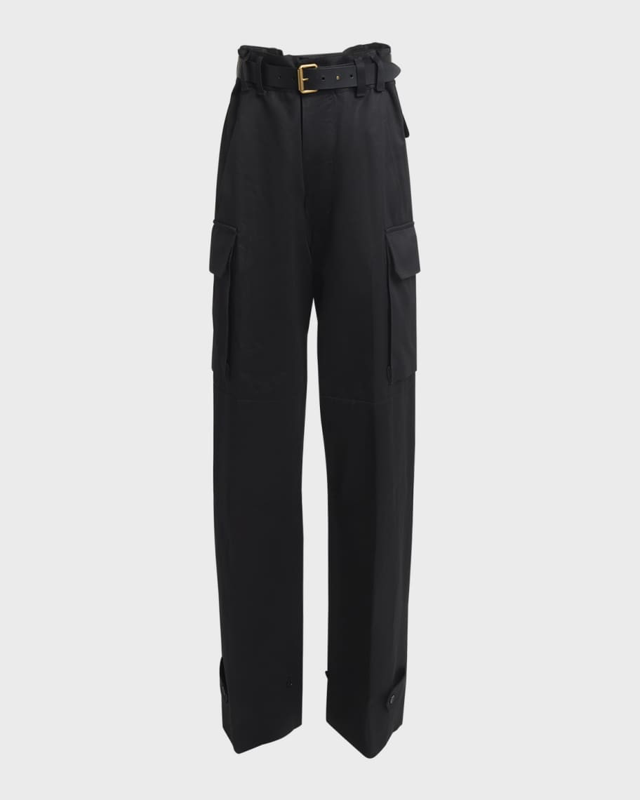 Saint Laurent High-Rise Belted Straight-Leg Satin Cargo Pants | Neiman Marcus