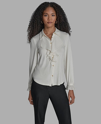 Women's Button Down Ruffle Front Blouse | Macy's