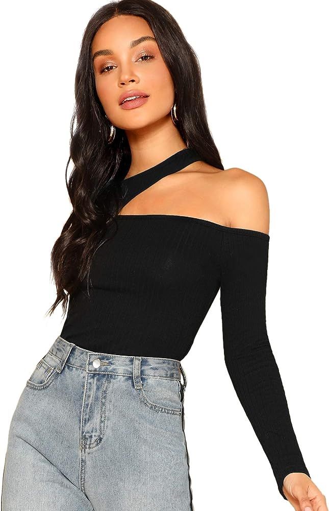 Women's Sexy Asymmetric Cutout Neck Ribbed Casual T-Shirt Tops | Amazon (US)