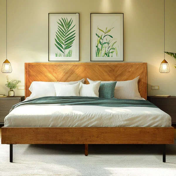 Solid Wood Bed Frame with Headboard Platform Bed, Handcrafted Pattern,  Scandinavian Signature Be... | Wayfair North America