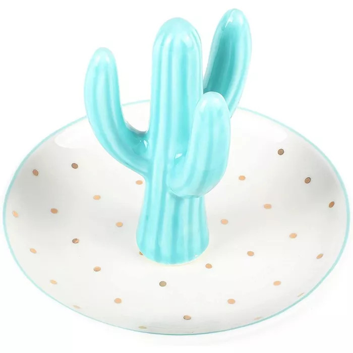 Okuna Outpost Blue Cactus Ceramic Ring Holder, Polka Dots Jewelry Dish (4.6 x 3.9 Inches) | Target