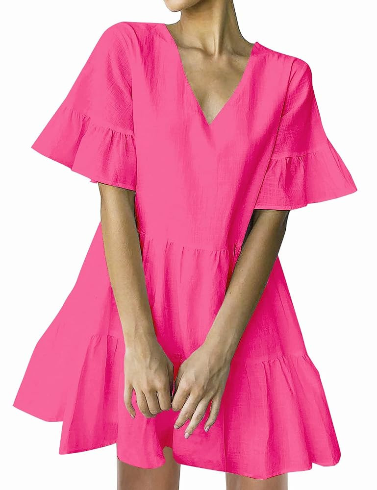 FANCYINN Women’s V Neck Cute Shift Dress with Pockets Bell Sleeve Ruffle Hem Loose Swing Summer... | Amazon (US)