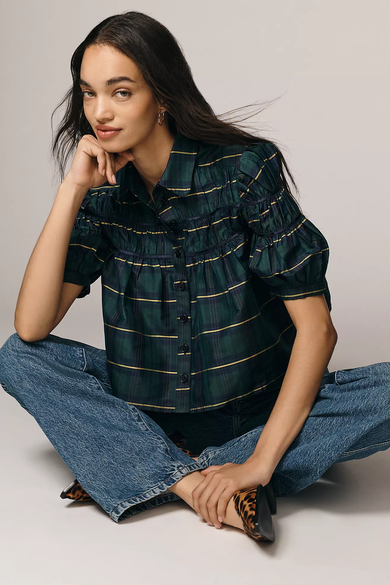 The Leandra Taffeta Shirred Yoke Blouse by Maeve | Anthropologie (US)