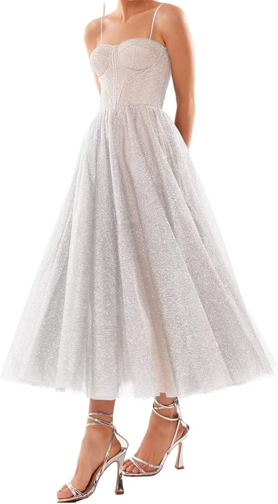 Cudiew Glitter Tulle Tea Length Prom Dress for Teens A Line Formal Evening Party Gowns | Amazon (US)