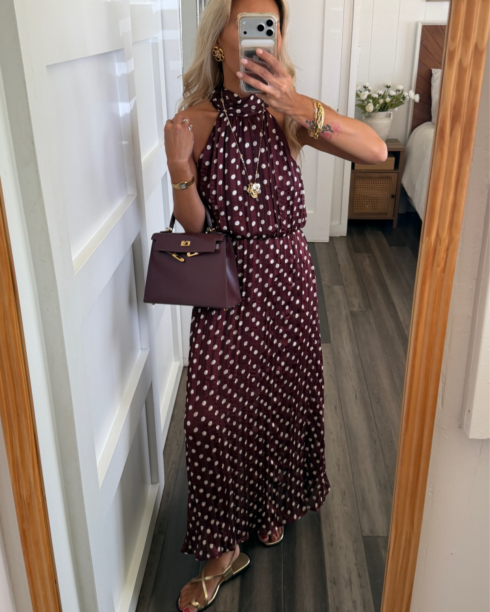 Ahhhh cutest polka dot dress! Garterized by the waist in xs. Hermes Kelly, Zara sandals. 

#LTKSeasonal #LTKOver40 #LTKPetite