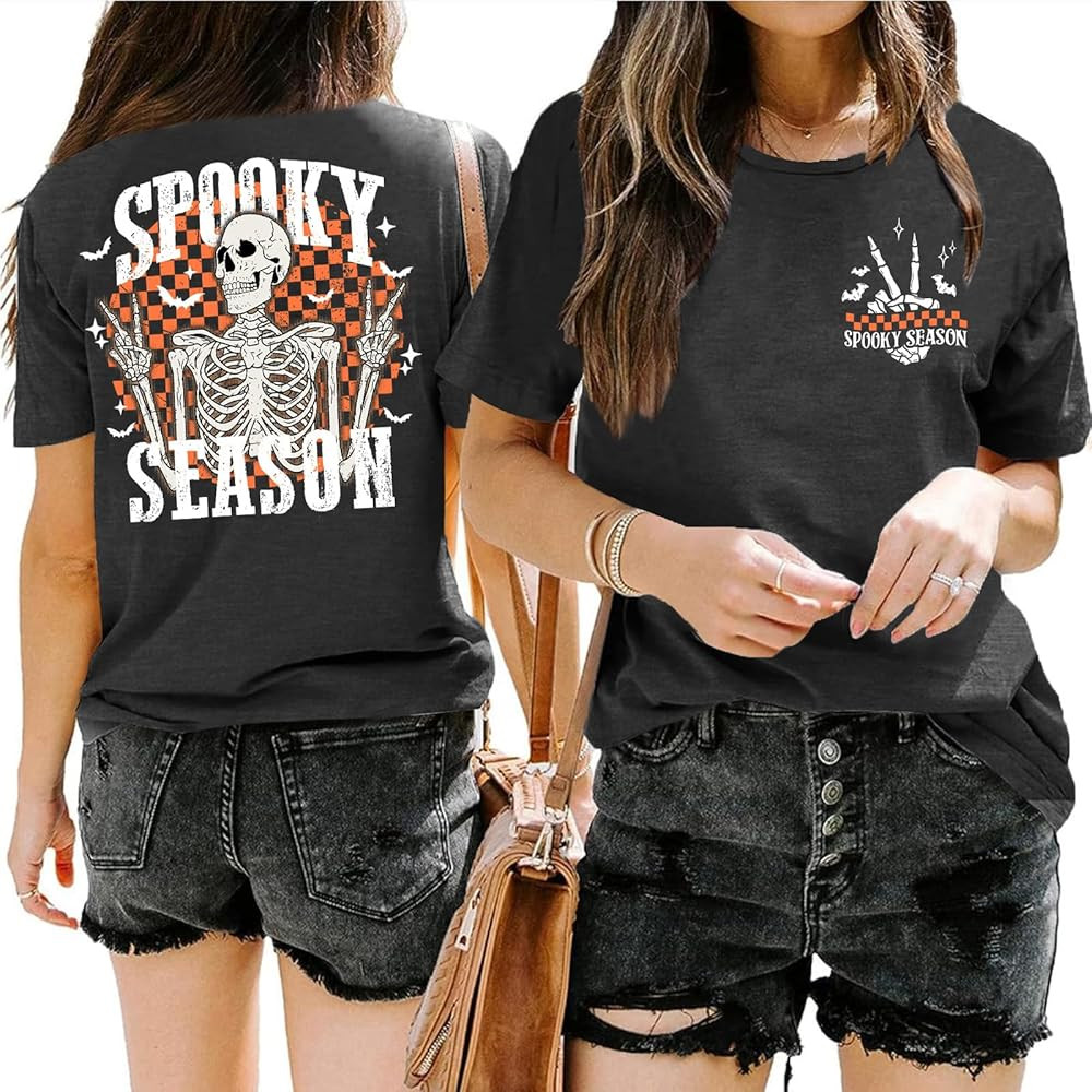 Halloween Shirts Women Spooky Season T Shirt Retro Skeleton Graphic Tee Vintage Fall Tops | Amazon (US)