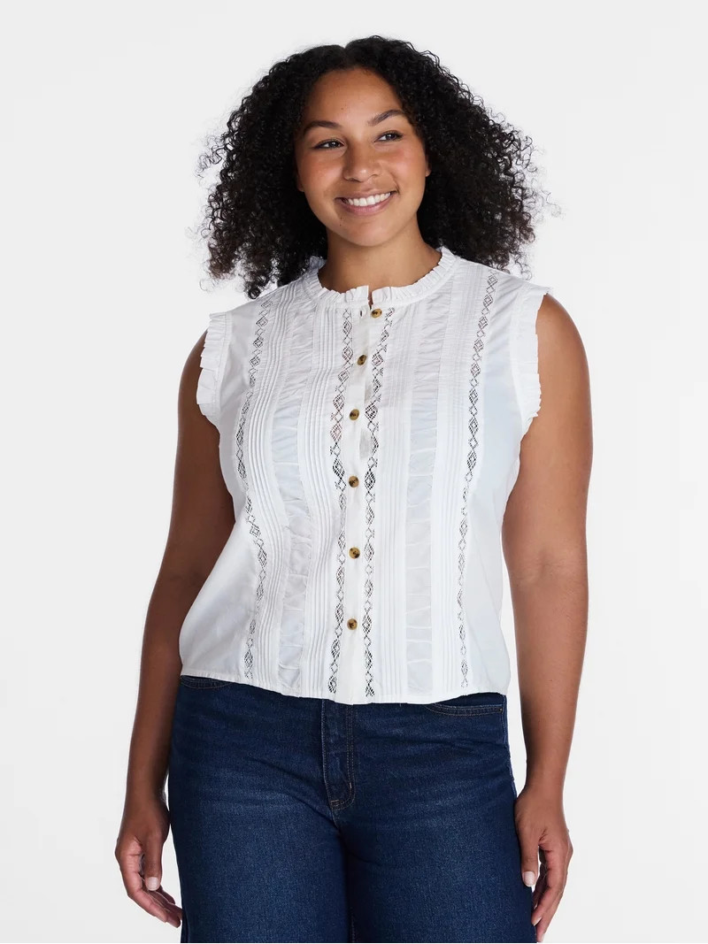 Time and Tru Women's Lace Inset Sleeveless Cotton Top, Sizes XS-XXXL | Walmart (US)