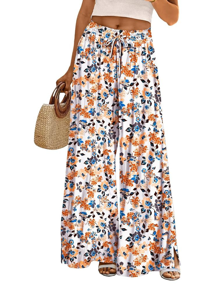 YESNO Women Summer Boho Palazzo Pants High Waist Wide Leg Floral Casual Cotton Lounge Trousers wi... | Amazon (US)