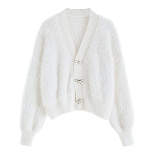 CHICWISH Women White Crop Fuzzy Cardigan Bowknot Brooch Button Knit Cardigans Open Front Long Sleeves Sweater Tops | Amazon (US)