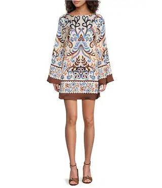 Border Printed Boat Neck Long Bell Sleeve Mini Dress | Dillard's
