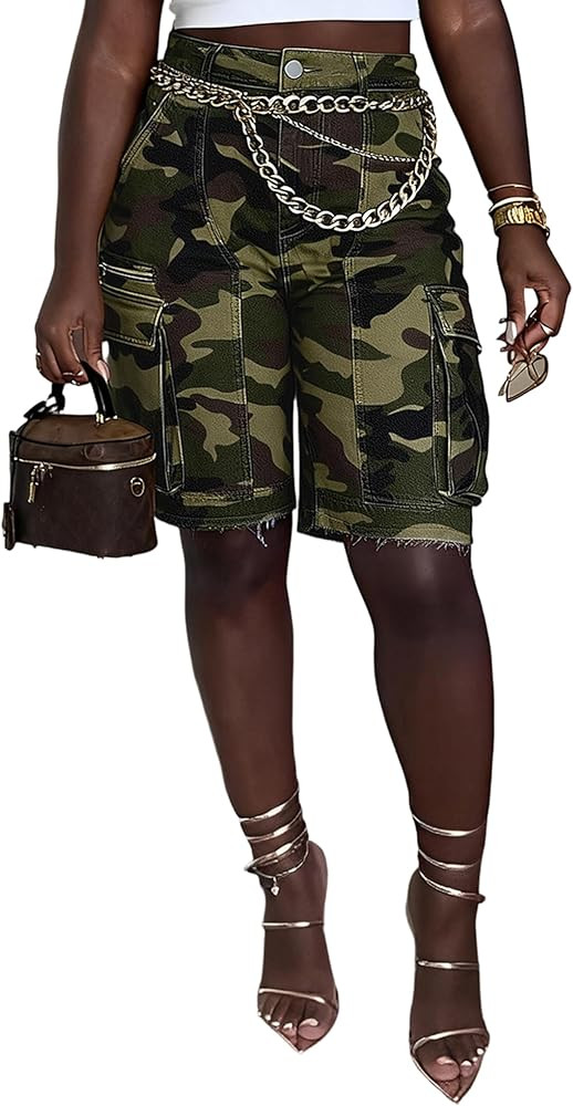 Denim Shorts Women High Waisted Summer Bermuda Stretchy Cargo Jean Casual Baggy Raw Hem Jorts wit... | Amazon (US)