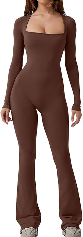 QINSEN Long Sleeve Jumpsuits for Women Square Neck Wide Leg Full Length Romper Playsuit | Amazon (US)