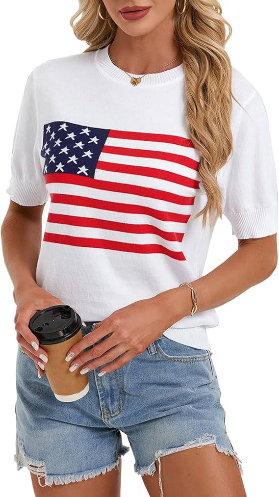 Women's American Flag Short Sleeve Crewneck Sweater Top Summer Lightweight Knit Tops | Amazon (US)