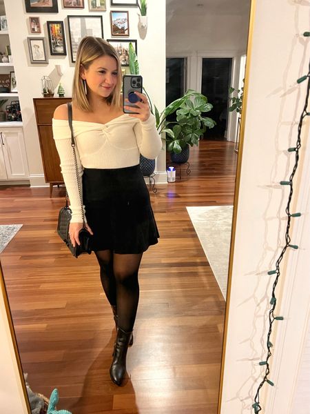 Winter date night outfit!
Sweater - size xs (wore with my backless bra so I wouldn’t have to adjust my strapless bra with the sweater and it worked great!)
Skirt - old but linked similar style
Boots - gifted and very $ but beautiful if you’re looking to invest in a great pair! 

#LTKstyletip #LTKHoliday