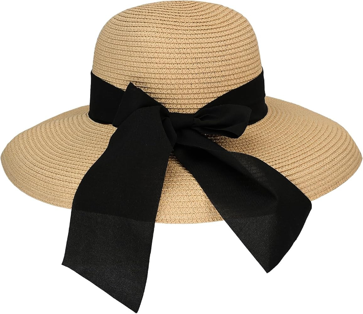 Surblue Straw Summer Hat Women's Floppy Sun Hat Wide Brim Beach Bow Hat | Amazon (US)
