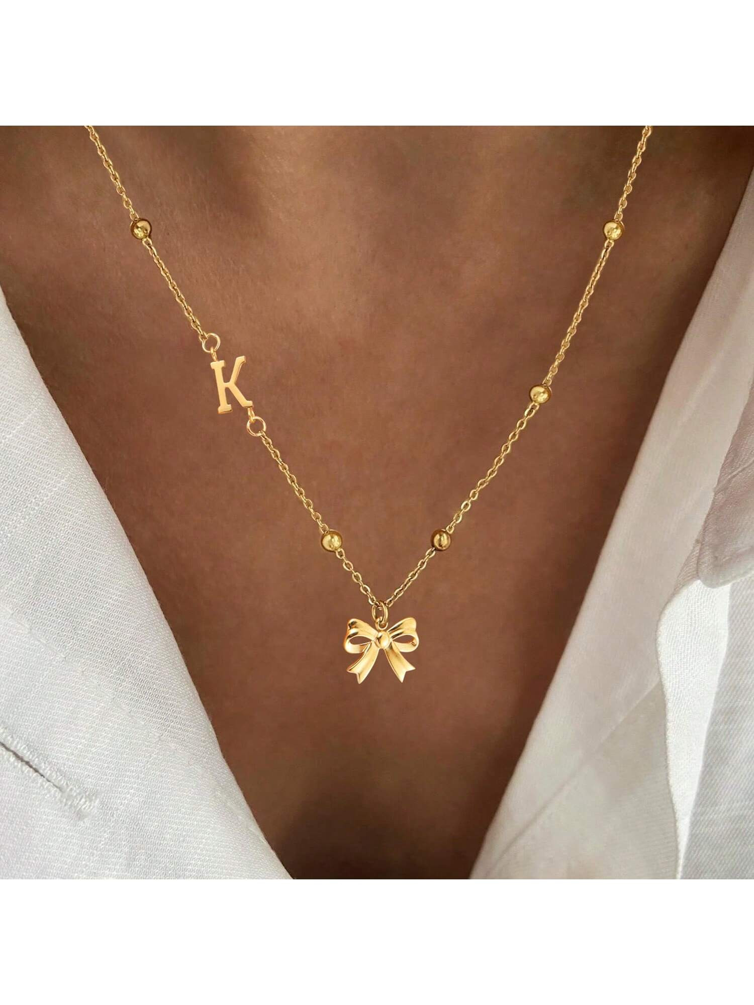 1 Pc New Fashion Gold Color Initial Bowknot Pendant Stainless Steel Bead Chain Necklace For Women... | SHEIN