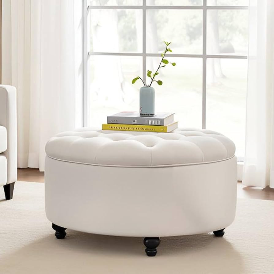 HUIMO 30-Inch Round Storage Ottoman, Modern Button Tufted Coffee Table with Removable Top, Uphols... | Amazon (US)