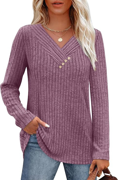 SAMPEEL Sweaters for Women Long Sleeve Shirts V Neck Tops with Buttons Fall Fashion Outfits Winte... | Amazon (US)