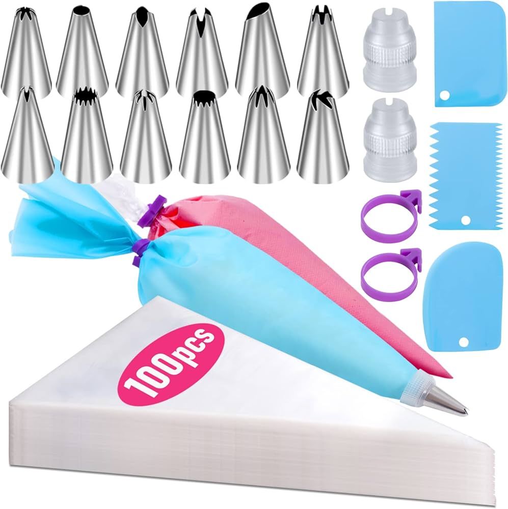 Piping Bags and Tips Set, 100Pcs 12 Inch Pastry Bags, Icing Bags Disposable for Cakes Decorating ... | Amazon (US)