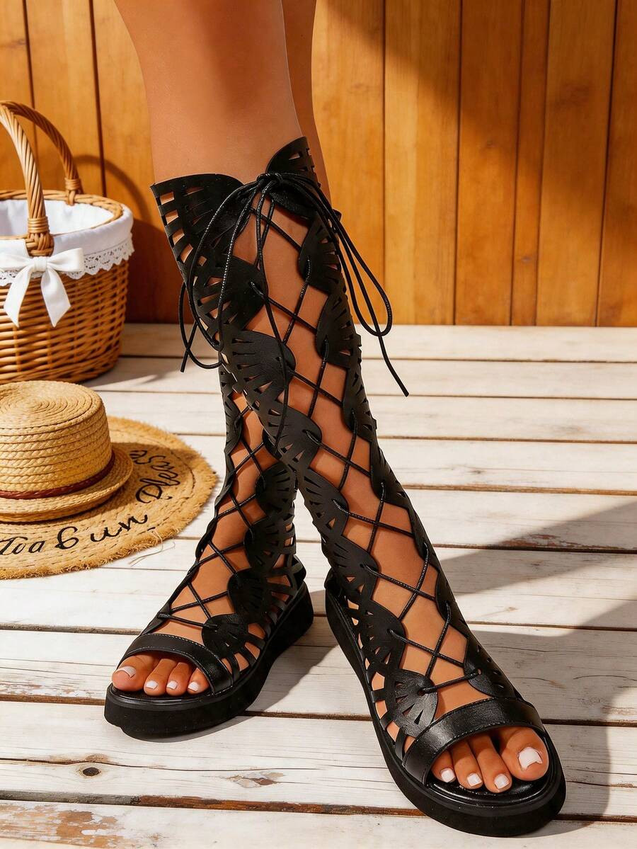 Women's High-Top Sandals With Criss-Cross Straps, Hollow-Out Design, Lace-Up Opening, Flat Sole, ... | SHEIN
