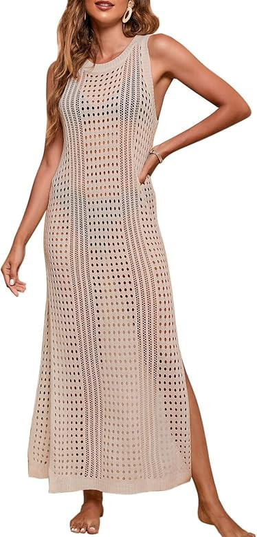shermie Women's Long Swimsuit Cover Up Sleeveless Side Split Beach Crochet Cover Ups Beige at Ama... | Amazon (US)