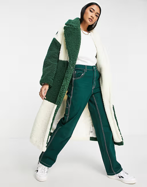 Topshop patchwork long sherpa coat in green & cream | ASOS (Global)