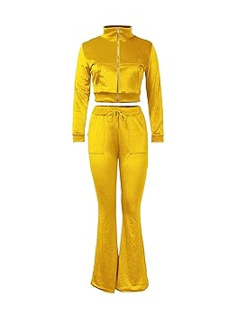 Chatinction Women's 2 Piece Outfit Velour Zip Up Crop Jacket and Bell Bottoms Long Pants with Poc... | Amazon (US)