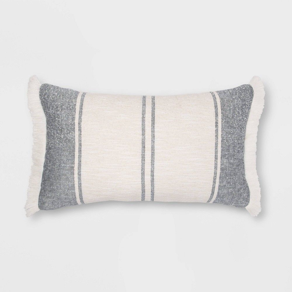 14"x24" Oversize Woven Striped Lumbar Throw Pillow with Fringe Blue/Cream - Threshold™ | Target
