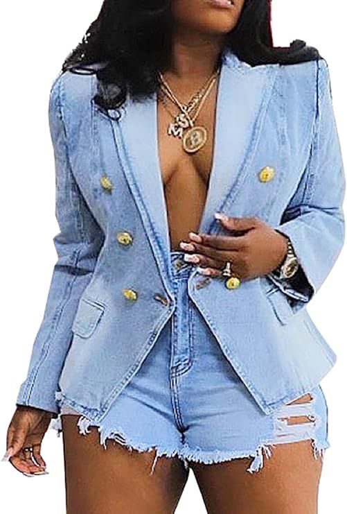 Sofkiny Women's Slim-Fit Denim Tailored Blazer Double Breasted Flap Pockets Jeans Jacket | Amazon (US)