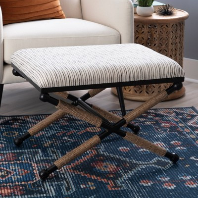 24" Ashburn Boho Rope Wrapped Campaign Accent Stool Ottoman Black/White Striped - Linon: Cotton Upholstered, Iron Legs, No Assembly Required | Target