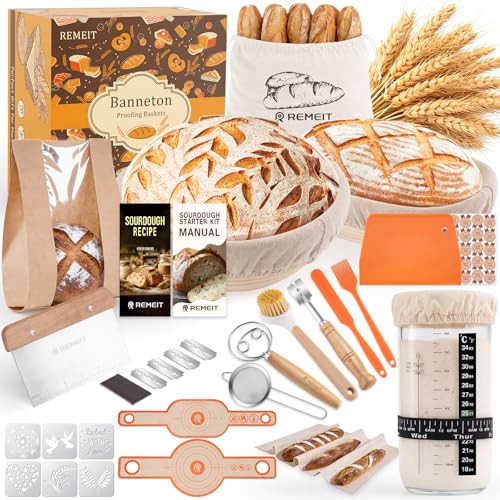 REMEIT Sourdough Starter Kit with Banneton Bread Proofing Basket Set, 9" Round & 10" Oval Proofing Basket, Sourdough Bread Baking Supplies with Starter Jar, Bread Lame, Dough Whisk and Baking Tools | Amazon (US)