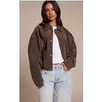 Petite Khaki Faux Suede Oversized Zip Up Jacket | PrettyLittleThing UK