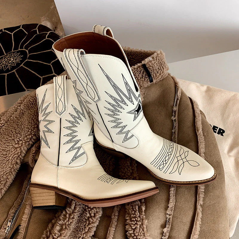 Womens Western Boots Mid Calf Contrast-stitching Cowboy Boots- Black/White Cowgirl Boots | DWARVES LLC