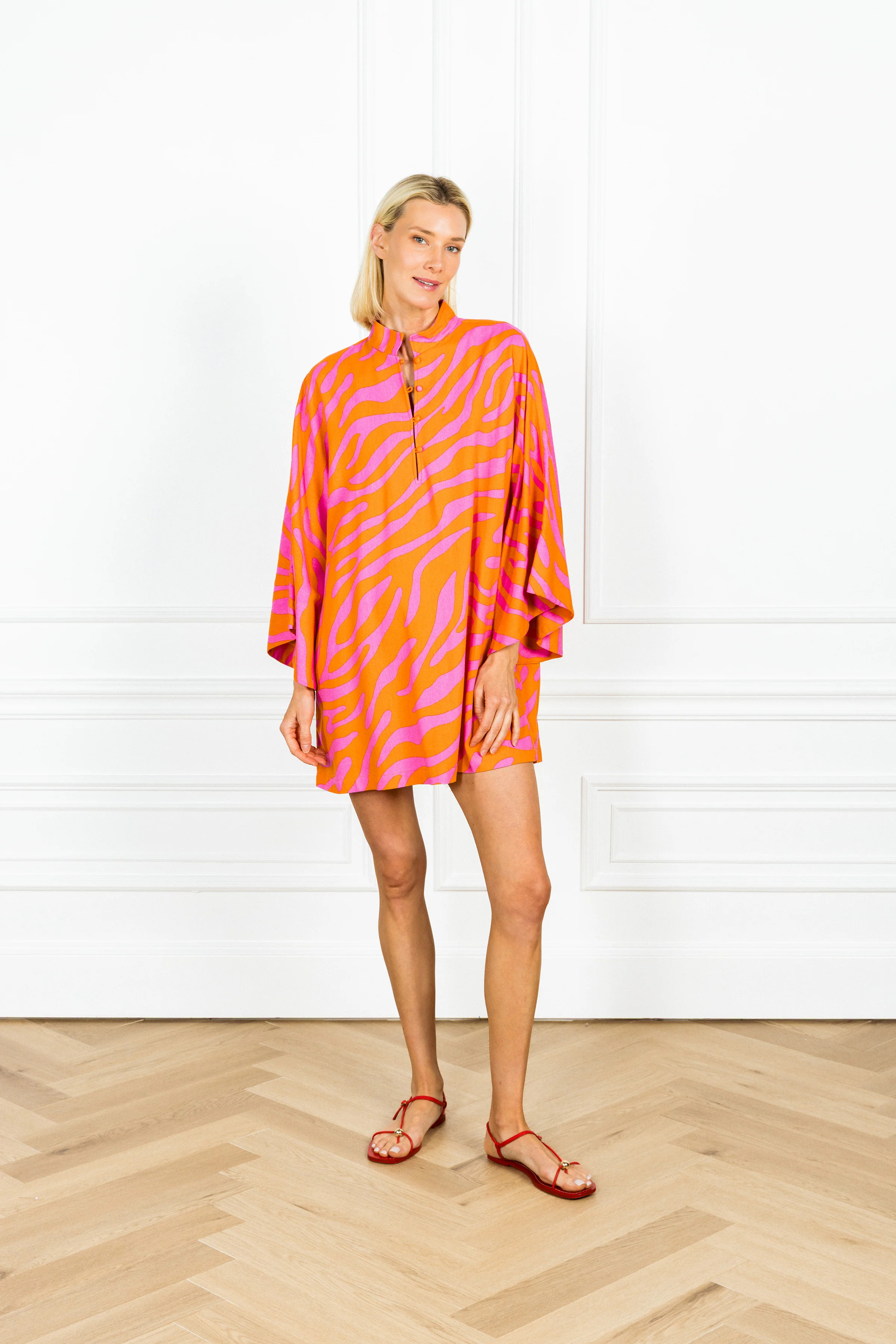 Papaya Zebra Linen Mini Caftan | La Vie Style House