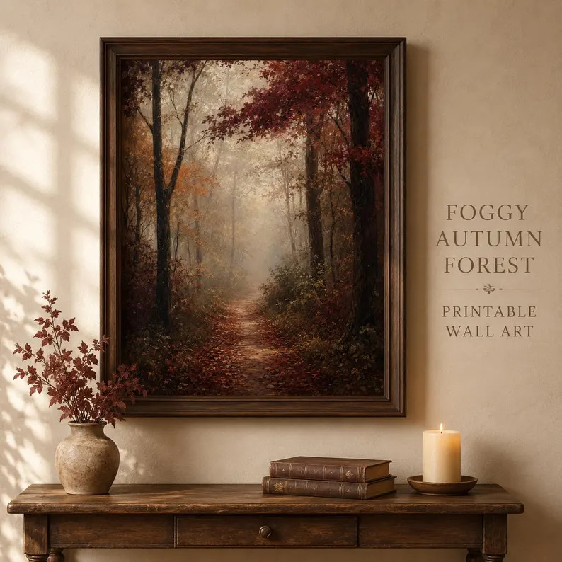 Moody Autumn Forest Wall Art | Foggy Fall Woodland Path Printable | Etsy (Global)