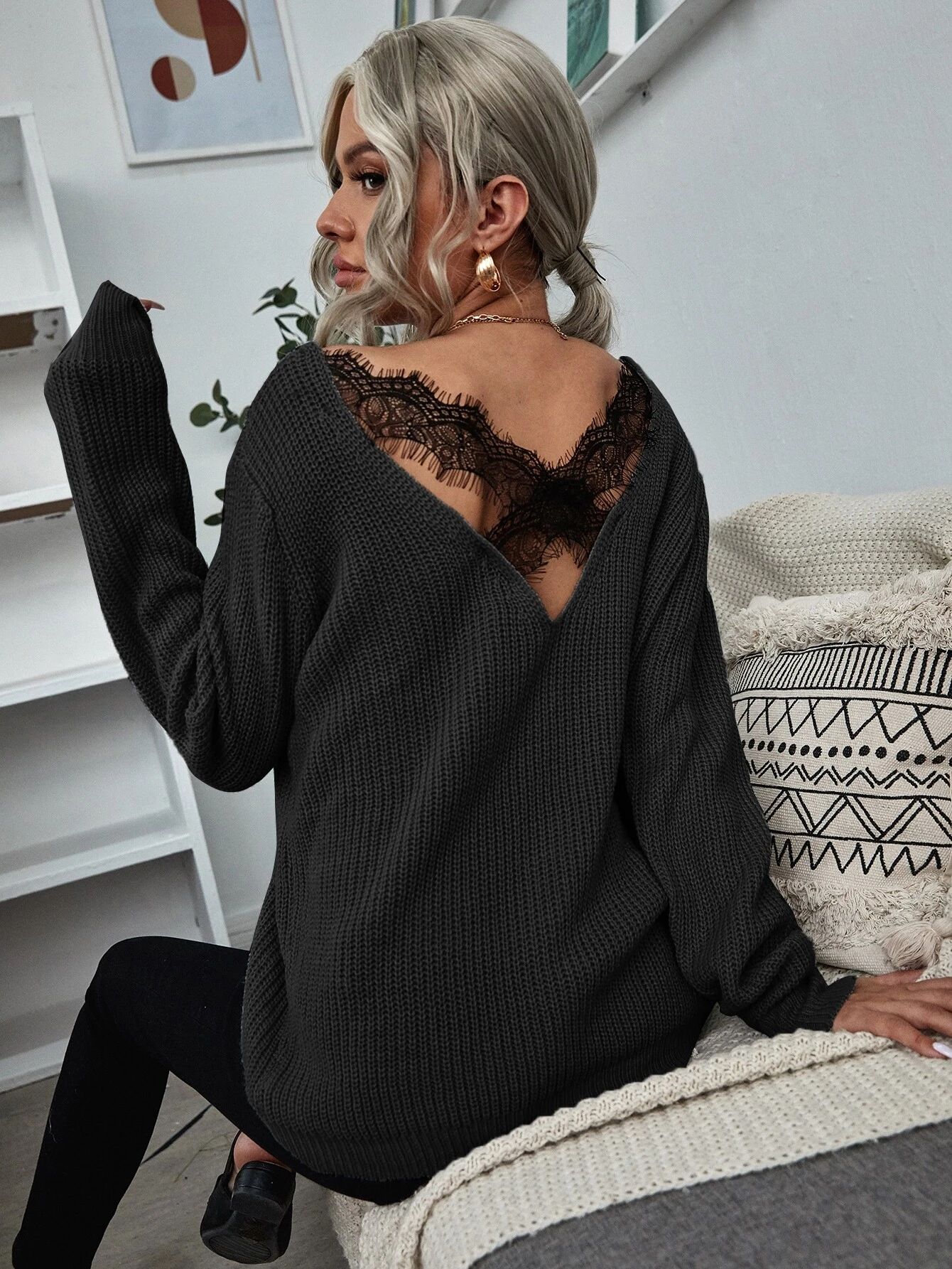 Criss Cross Back Contrast Lace Sweater | SHEIN