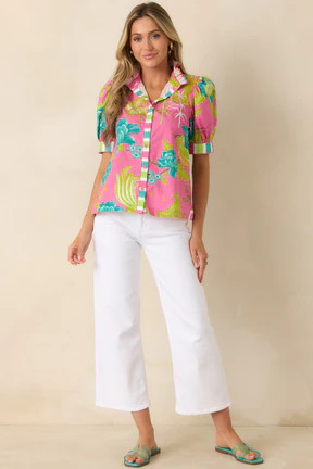 Prosperina Collier Pink Multi Chinoiserie Cotton Button-Front Top | Red Dress