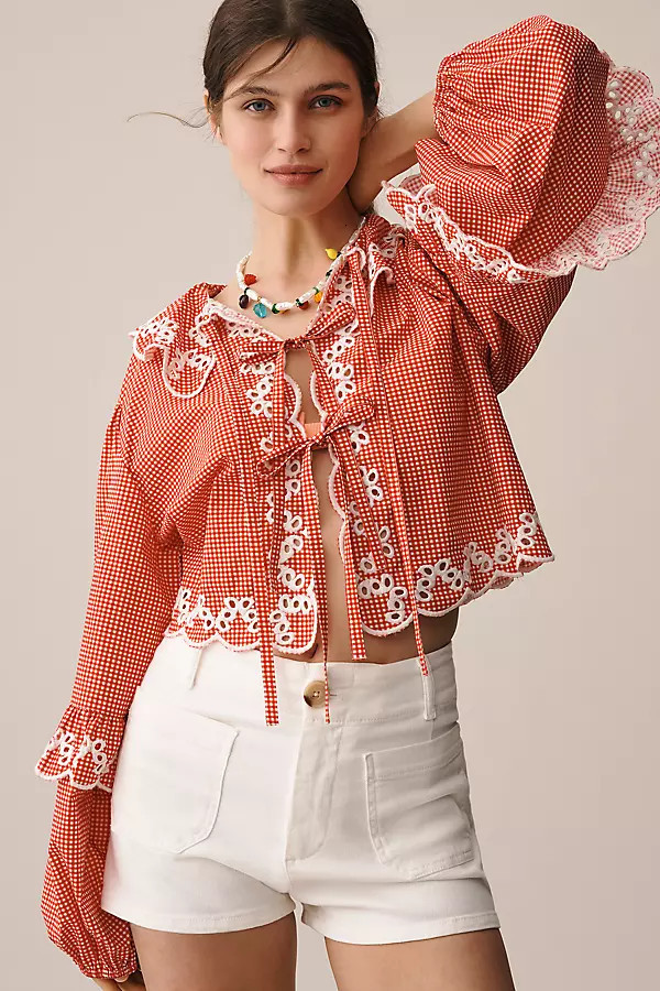 Long-Sleeve Scallop Tie-Front Blouse | Anthropologie (US)