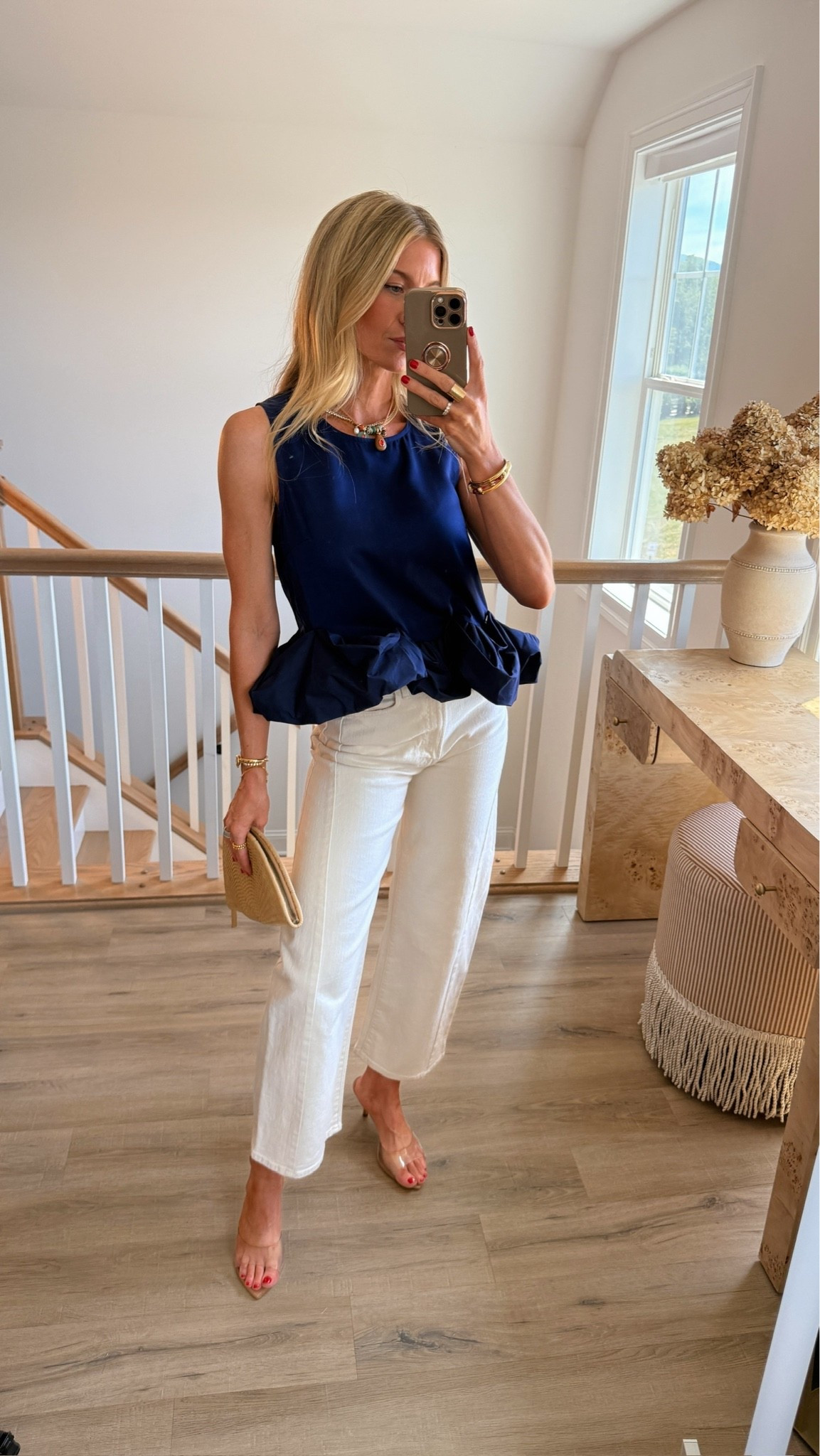 Peplum top + white denim. 
Top: runs TTS, wearing size small 
Denim: run TTS, wearing size 25

#LTKootd #LTKSeasonal #LTKSaleAlert